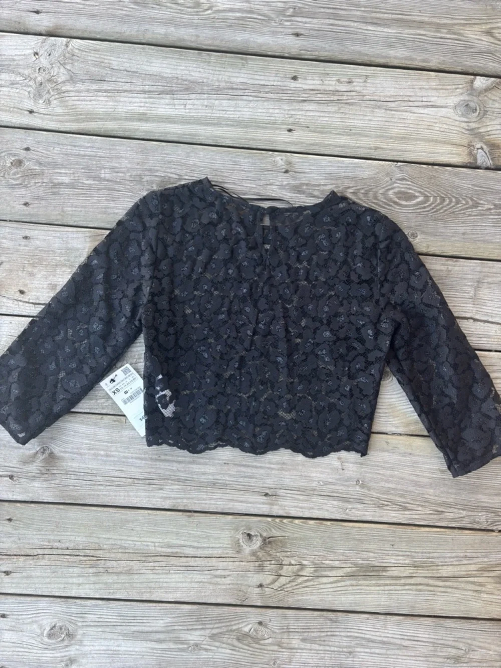Zara Black Lace Sheer Cropped Top XS Floral 3/4 Sleeve NWT - Picture 11 of 11